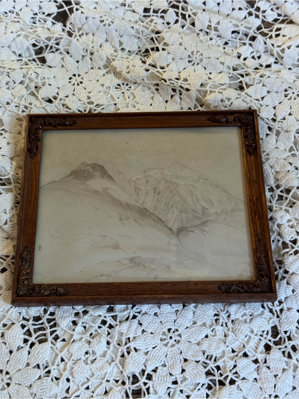 Vintage Brown Framed Pencil Mountain Sketch
